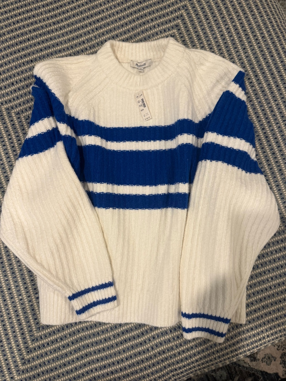 Madewell White and Royal Blue Striped V-Neck Sweater